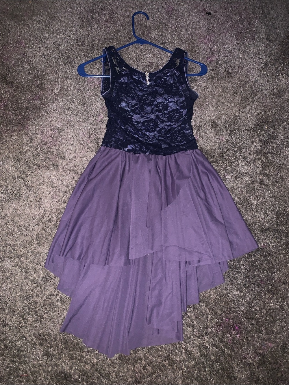 Girls Navy Lace Bodice Purple Layered High-Low Dance Costume